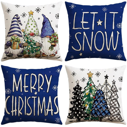 Weihnachtliche Kissenbezüge 4er Set – Zwerg & Weihnachtsbaum Dunkelblau