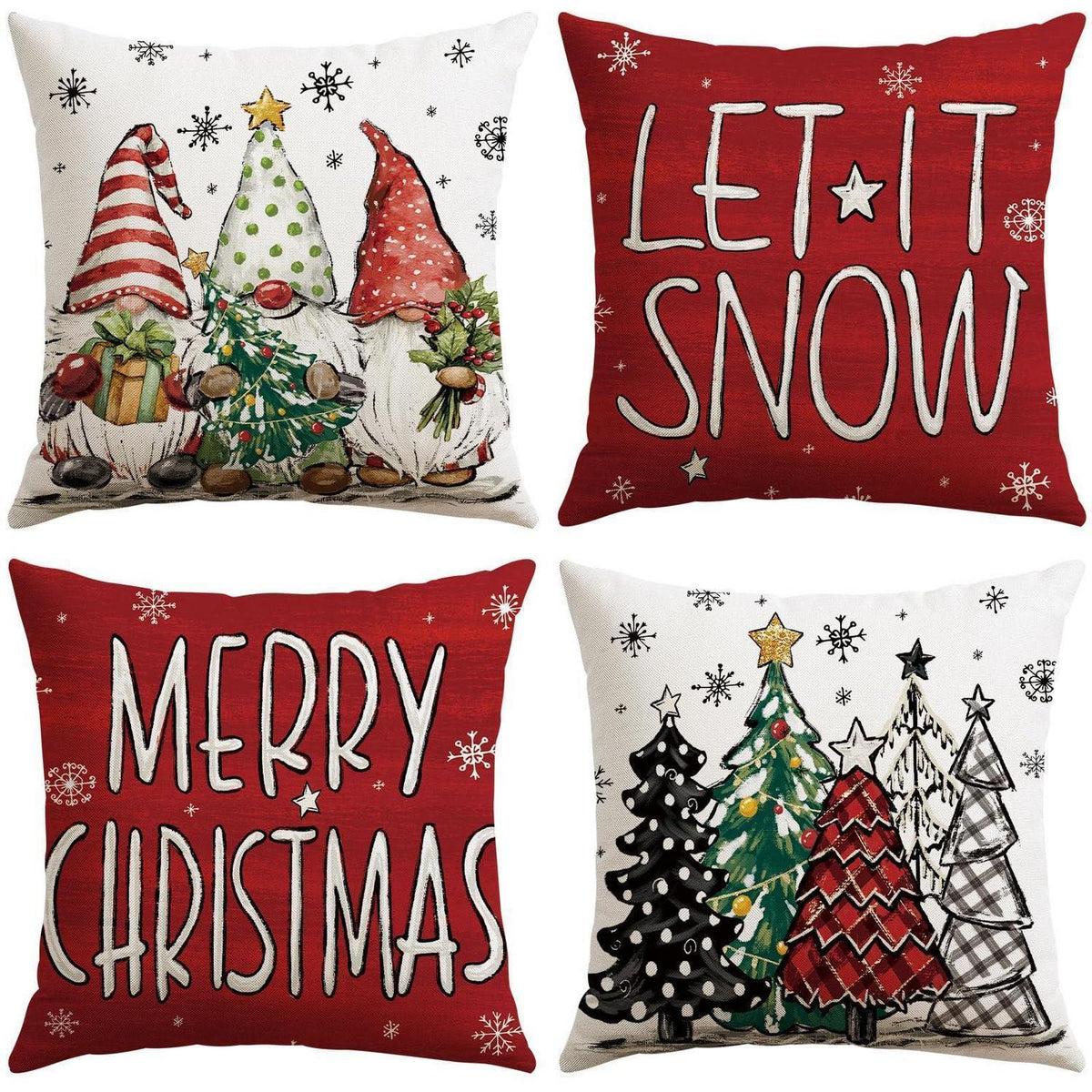 Weihnachtskissenbezüge 4er Set – Zwerg & Weihnachtsbaum Rot 50x50 cm
