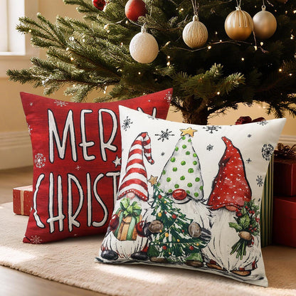 Weihnachtskissenbezüge 4er Set – Zwerg & Weihnachtsbaum Rot 50x50 cm