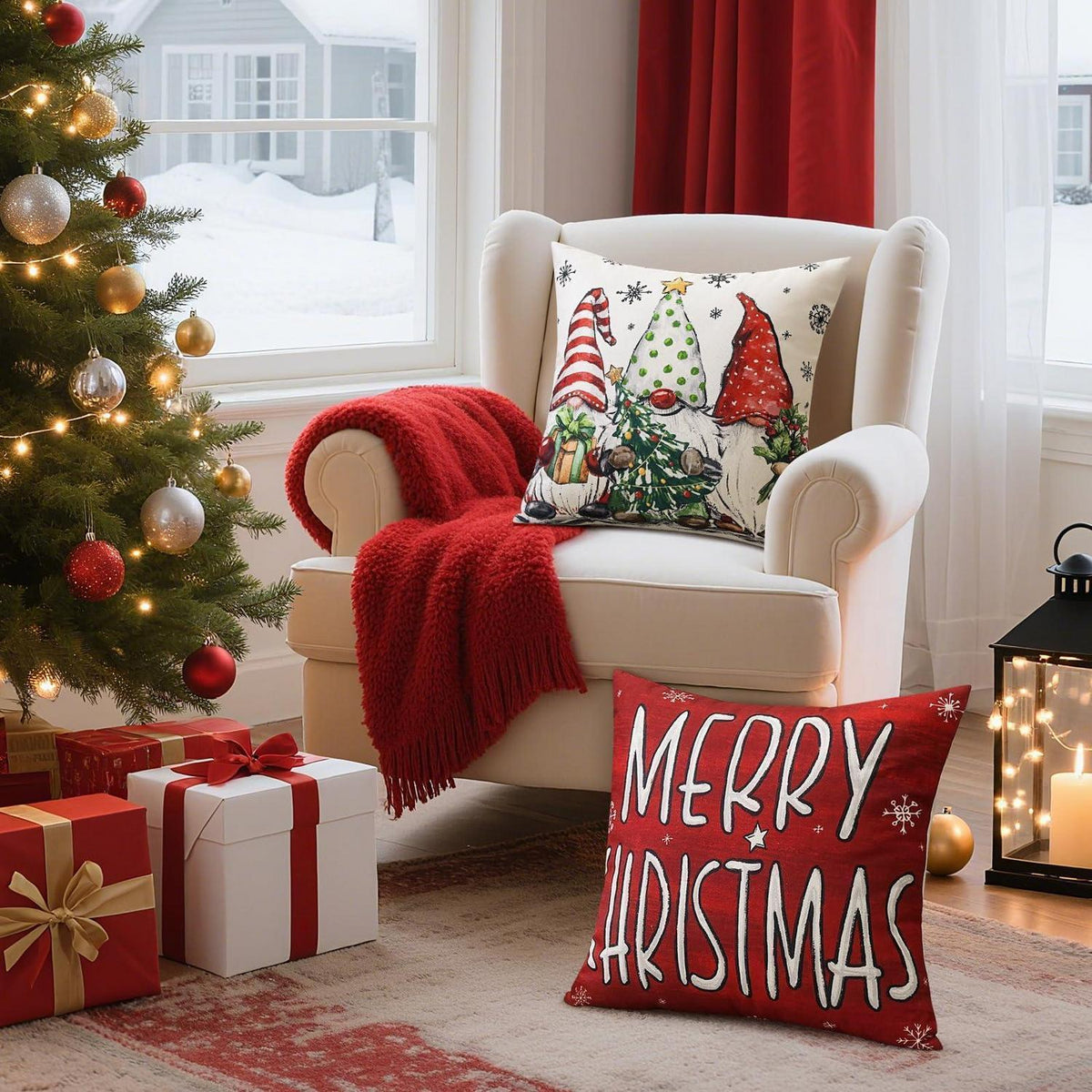 Weihnachtskissenbezüge 4er Set – Zwerg & Weihnachtsbaum Rot 50x50 cm