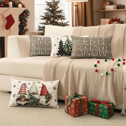 Weihnachtskissenbezüge 4er Set – Zwerg & Weihnachtsbaum Grau 30x50 cm