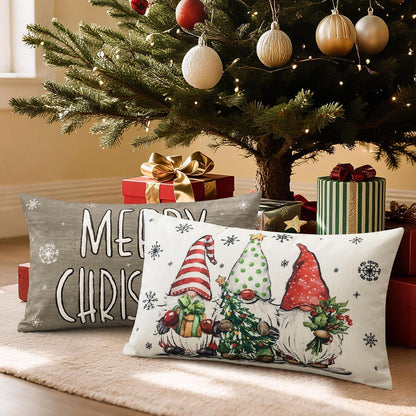 Weihnachtskissenbezüge 4er Set – Zwerg & Weihnachtsbaum Grau 30x50 cm