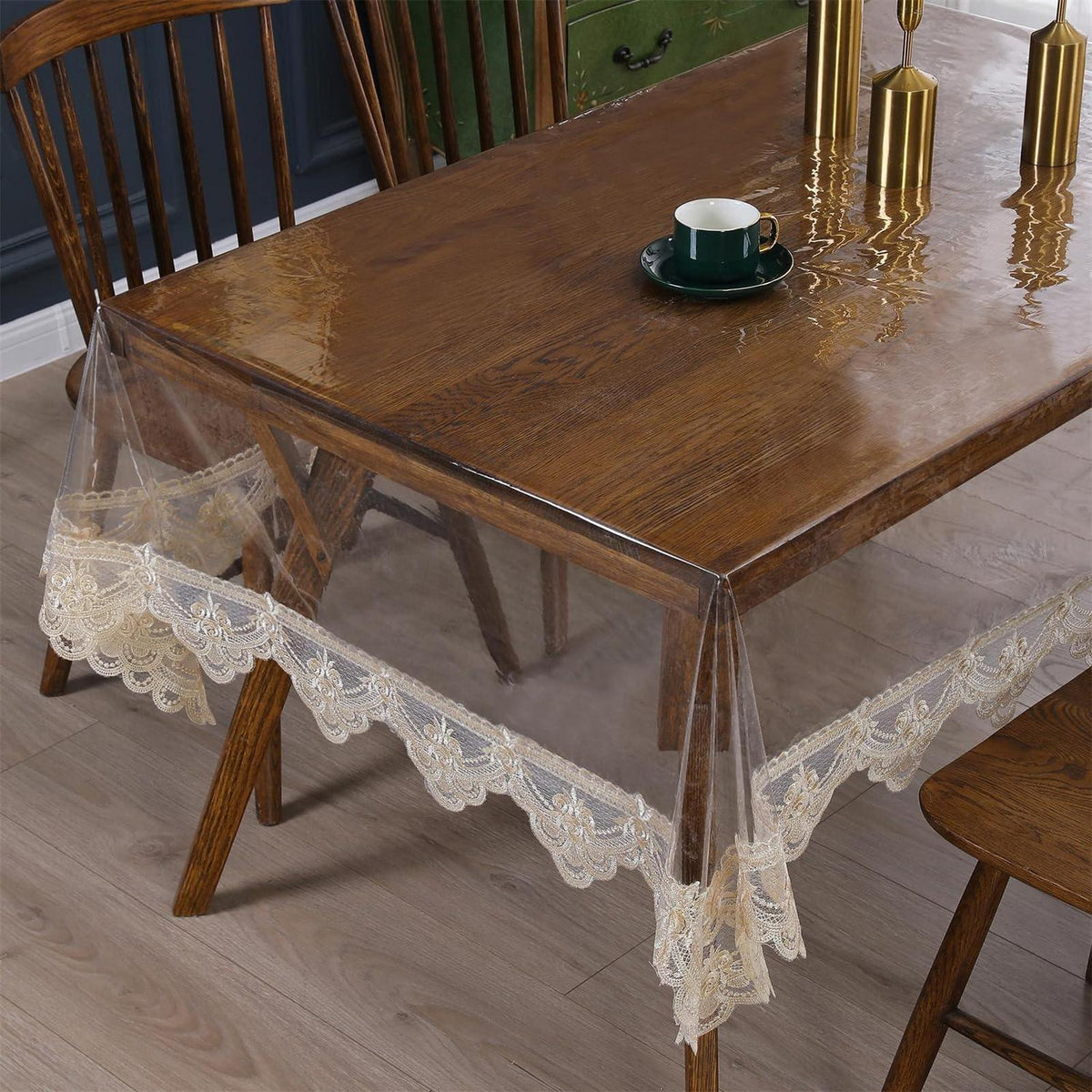 Abwischbare Tischdecke mit Spitzenrand, Khaki, 180x300 cm