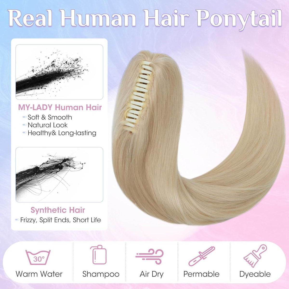 Echthaar Pferdeschwanz Clip-In, 45cm, Platinblond