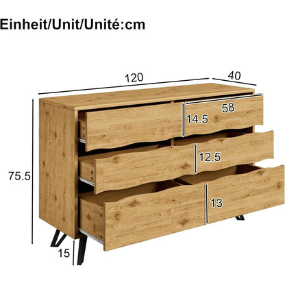 Kommode 6 Schubladen, 120cm, Modernes Sideboard mit Metallfüßen