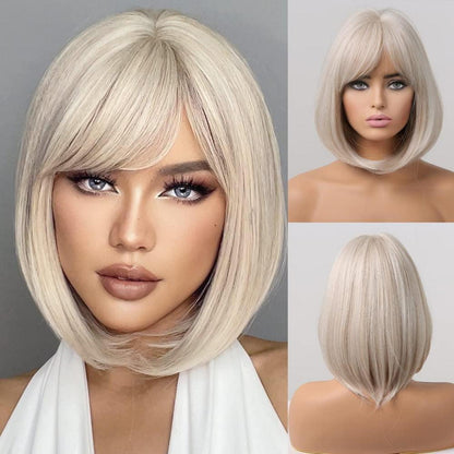 Bob Perücke mit Pony, Beige – Synthetische Damen Perücke