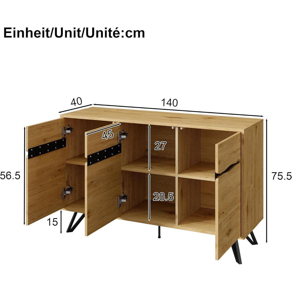 Modernes Sideboard mit 3 Türen | Holzoptik & Metallbeine