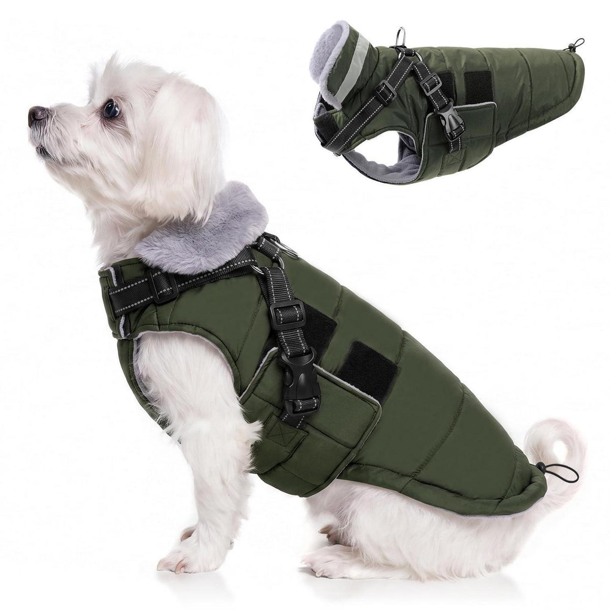 Warmer, wasserdichter Hundemantel Grün S | Winterjacke mit Geschirr