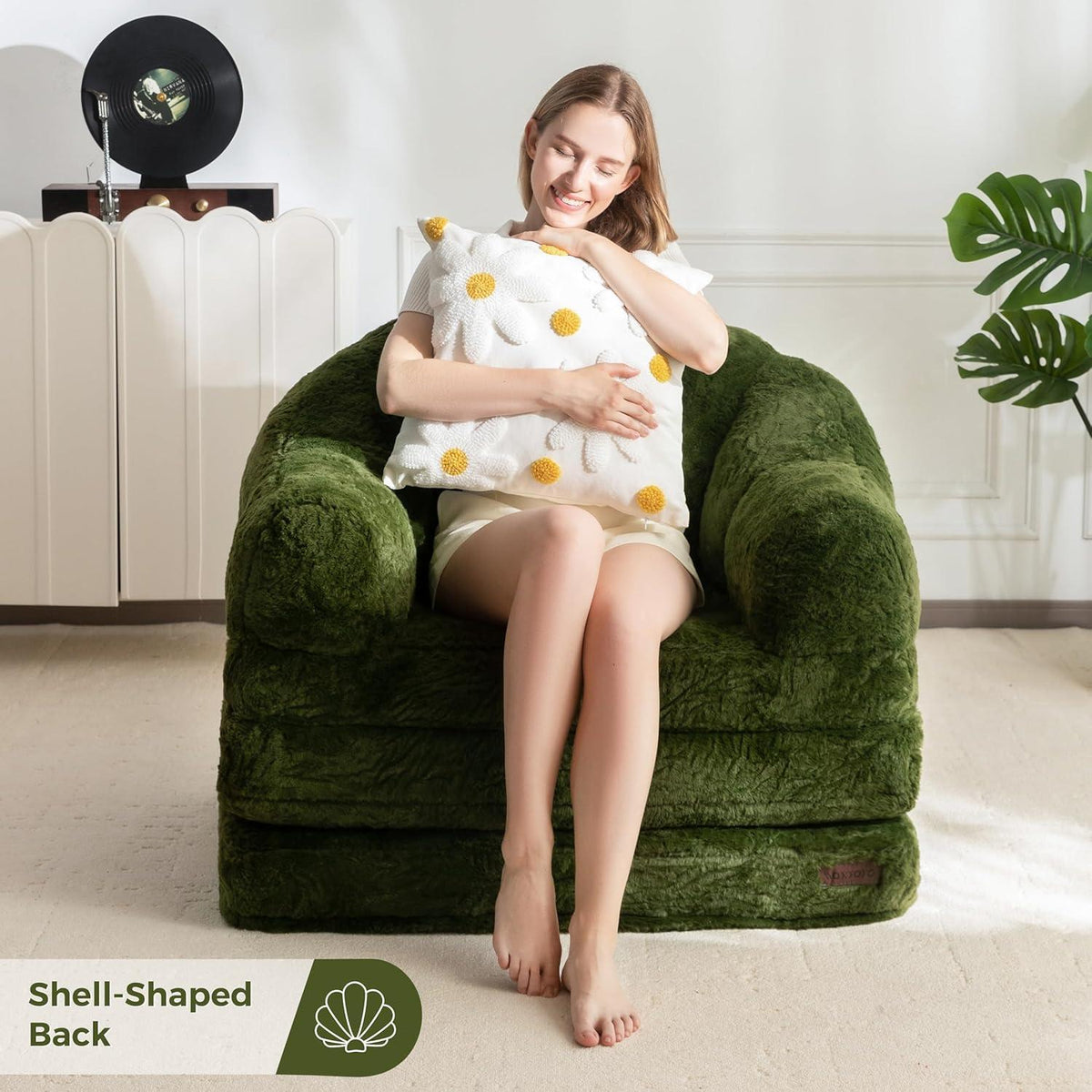 Klappsofa mit Kunstfell – Bequemer Sitzsack & Schlafsessel Dunkelgrün
