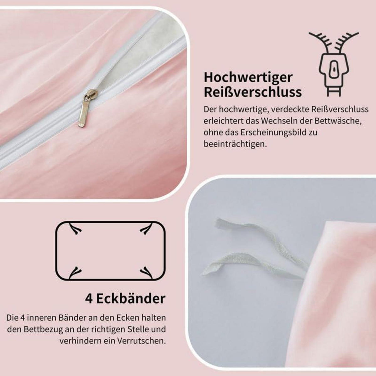 Mako Satin Bettwäsche Set 200x220cm Rosa, 3-teilig