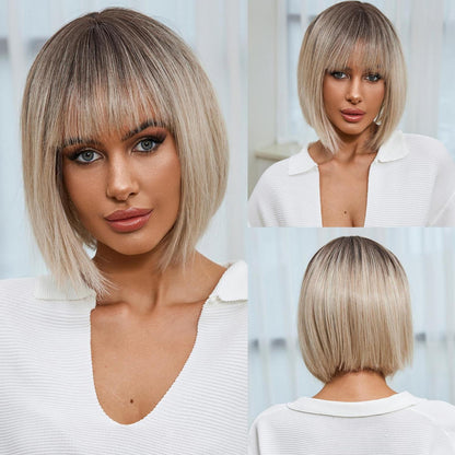 Bob Perücke mit Pony, Ascheblond Ombre, Synthetisch & Natürlich