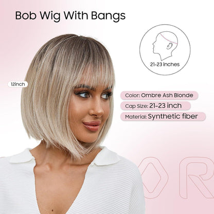 Bob Perücke mit Pony, Ascheblond Ombre, Synthetisch & Natürlich