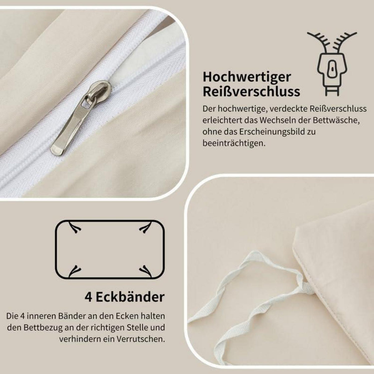 Mako Satin Bettwäsche Set 200x220cm Beige, 3-teilig