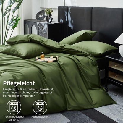 Olivgrüne Bettwäsche Set 200x200cm | 3-teilig, Mako Satin Baumwolle