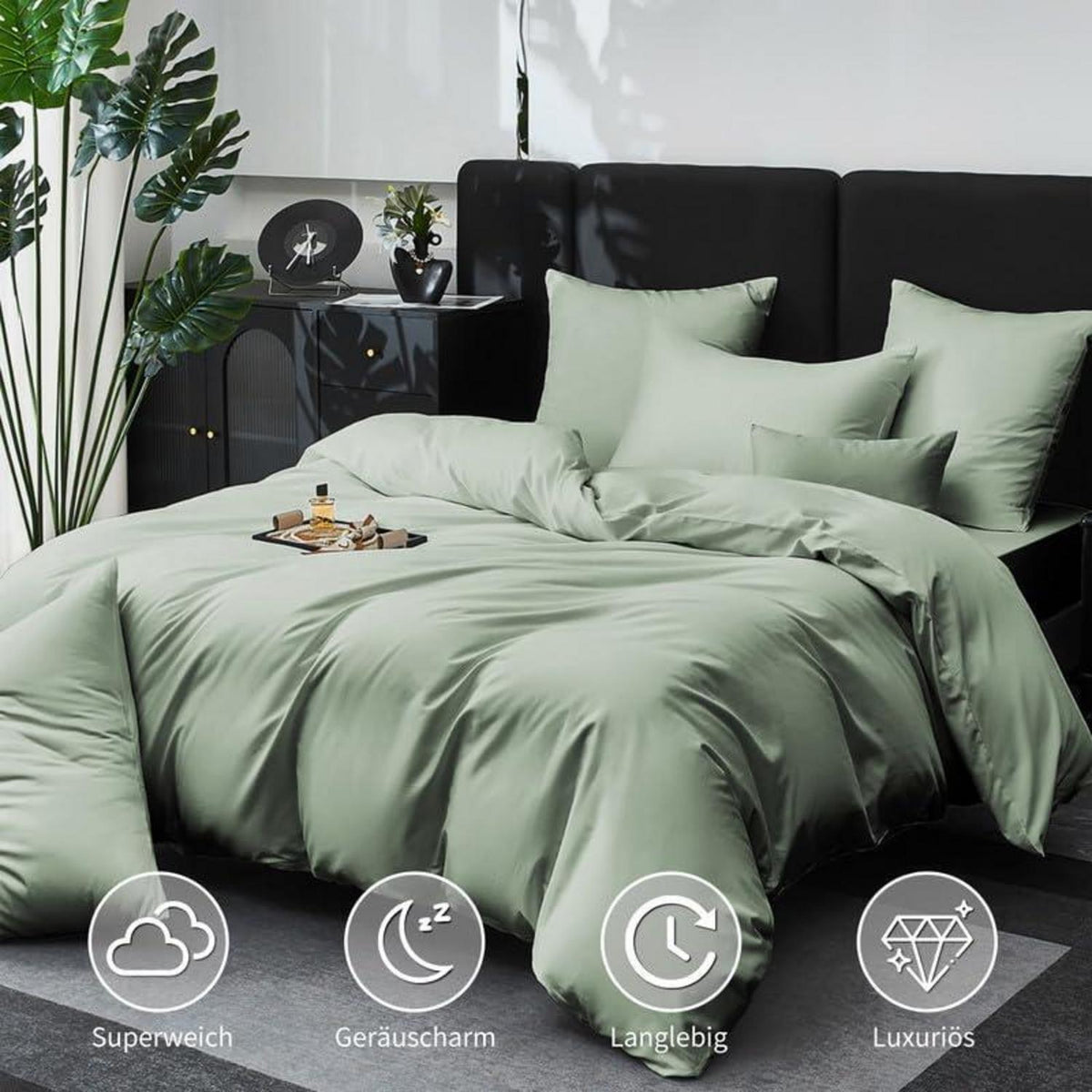 Mako Satin Bettwäsche Set 220x240cm Grün 3tlg. Baumwolle