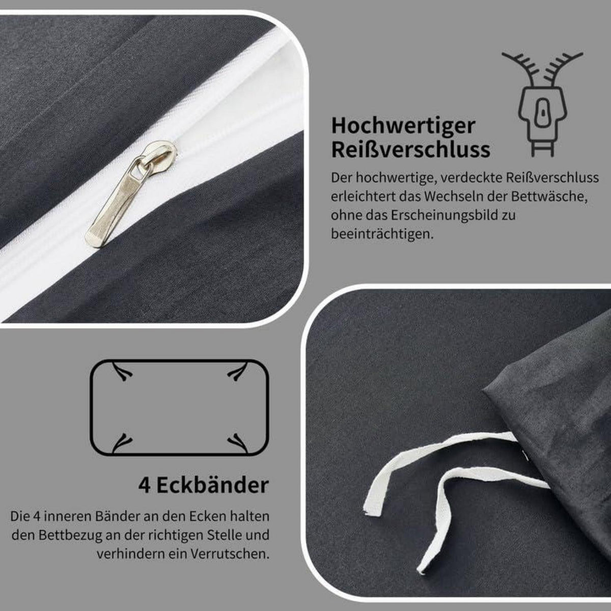 Gezu Mako Satin Bettwäsche Set 155x220cm Grau 3tlg.
