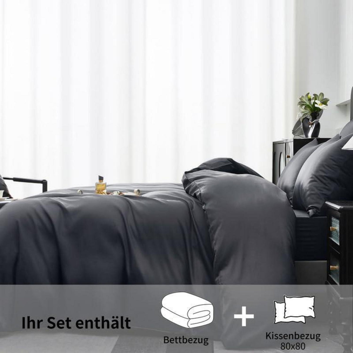 Gezu Mako Satin Bettwäsche Set 155x220cm Grau 3tlg.