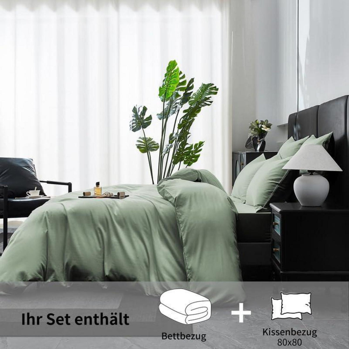 Mako Satin Bettwäsche Set 155x220cm Grün Salbeigrün 3tlg.