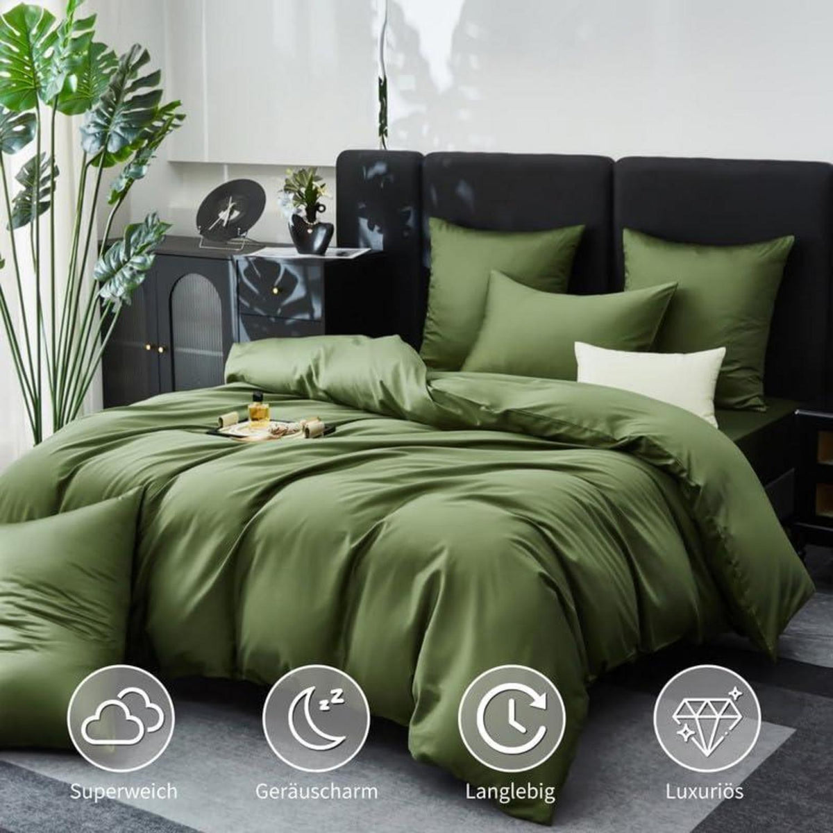 Mako Satin Bettwäsche Set Olivgrün 135x200cm - 4tlg.