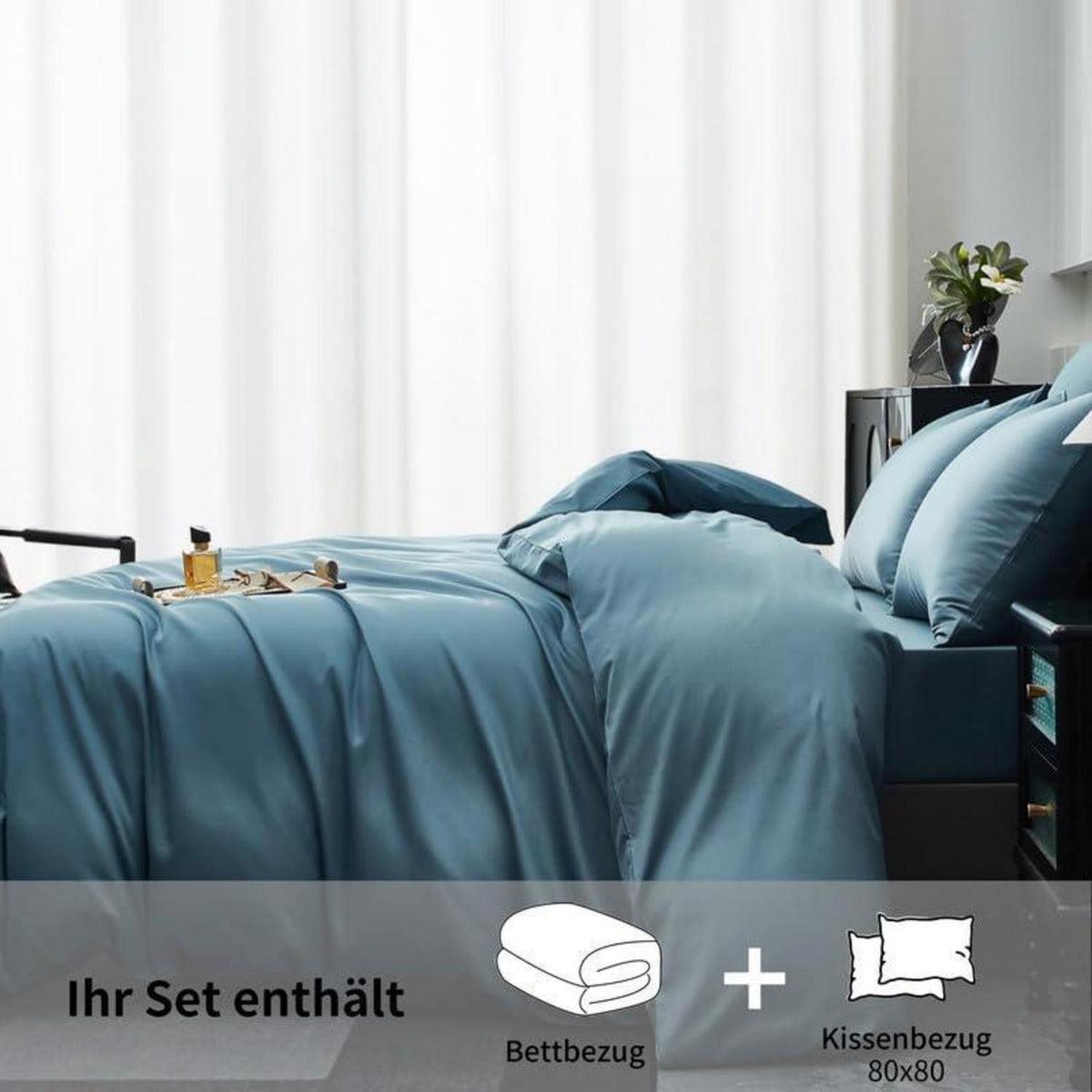 Mako Satin Bettwäsche Set 220x240cm Petrol Blau 3tlg.
