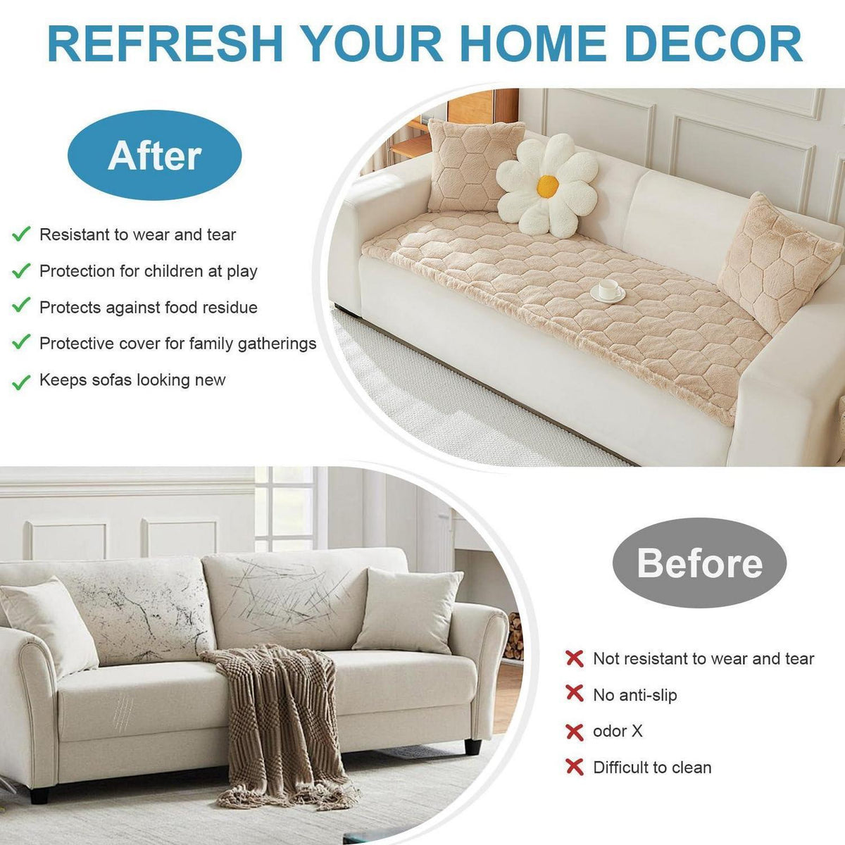 Gestepptes Samt Sofakissen 90x180cm – Hellbraun, Rutschfest