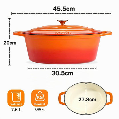 Gusseisen Bräter Oval mit Deckel – 7.6L Emaille Topf