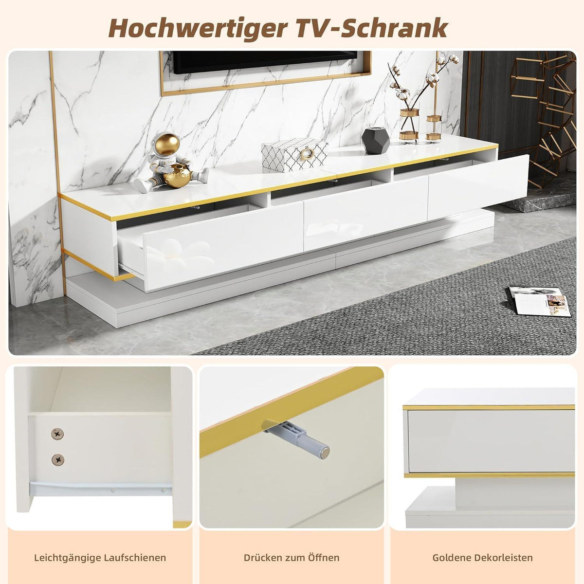 TV Lowboard 200cm mit 3 Schubladen – Weiß Hochglanz