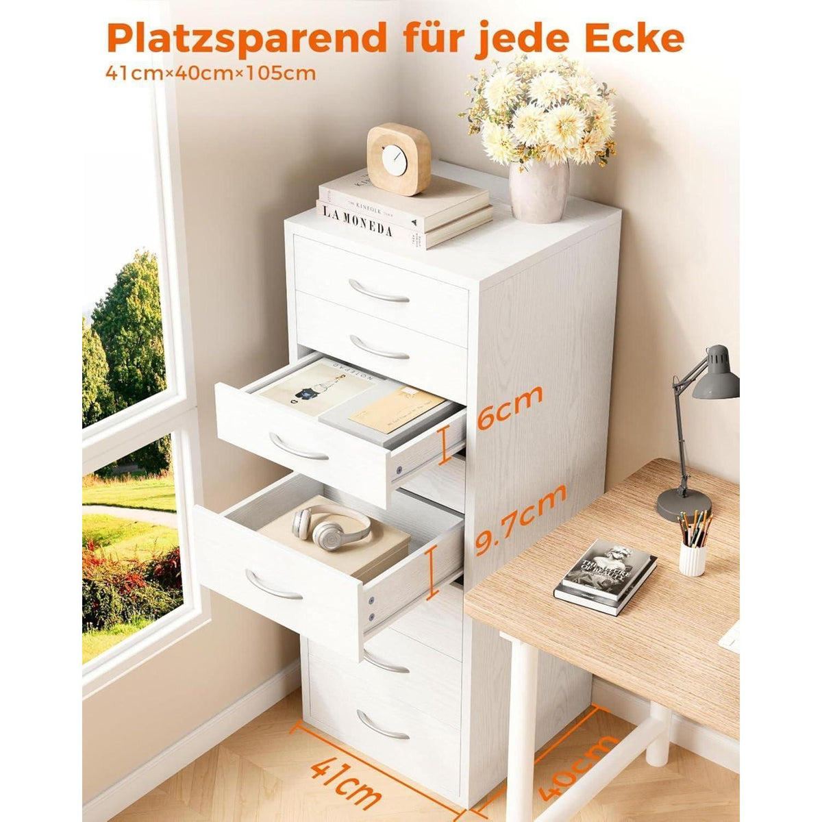 Weiße Kommode mit 8 Schubladen – Schmaler Schubladenschrank