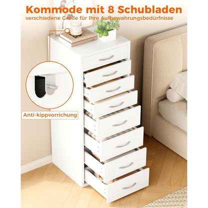Weiße Kommode mit 8 Schubladen – Schmaler Schubladenschrank