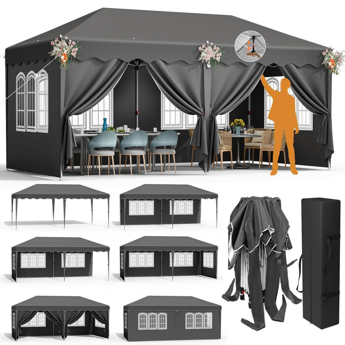3x6m Pavillon wasserdicht, Faltpavillon mit Seitenteilen & Erdhaken