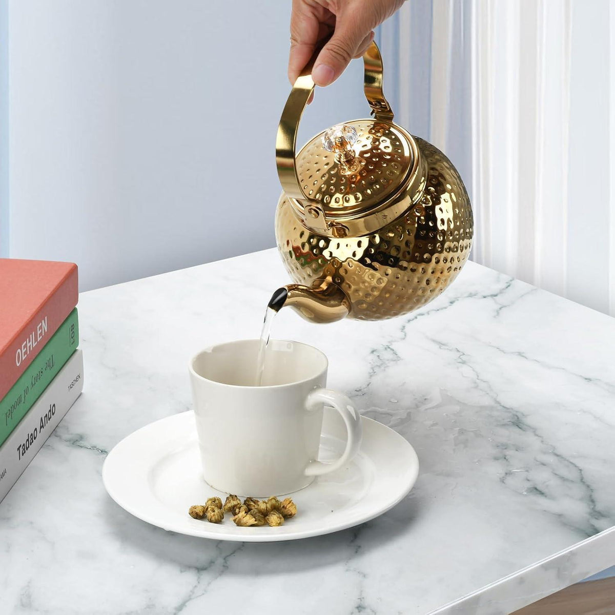 Gehämmerte Gold Teekanne Edelstahl 2L mit Sieb
