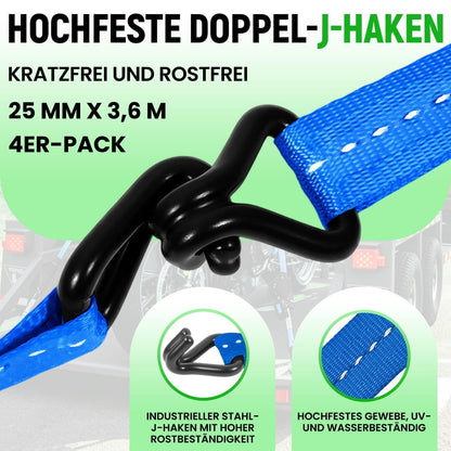 Automatischer Spanngurt-Set 3,6m mit J-Haken – 4er Pack