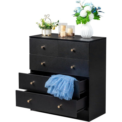 Kommode 5 Schubladen Schwarz – Schlafzimmer Sideboard mit Stauraum