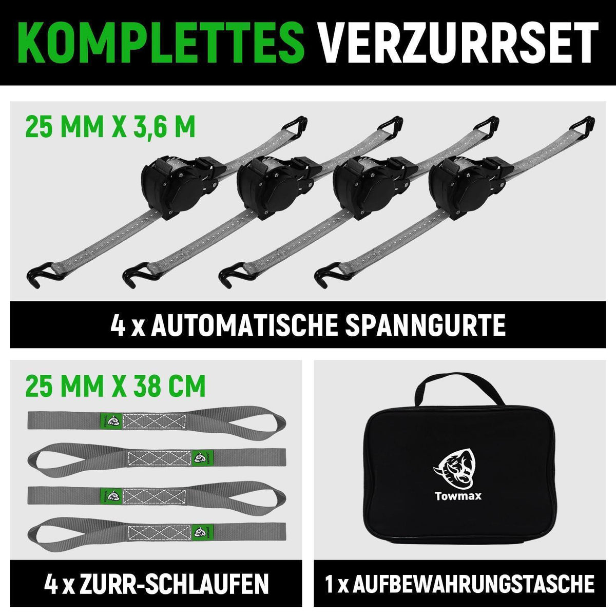 Automatischer Spanngurt-Set 3,6m mit J-Haken – 4er Pack