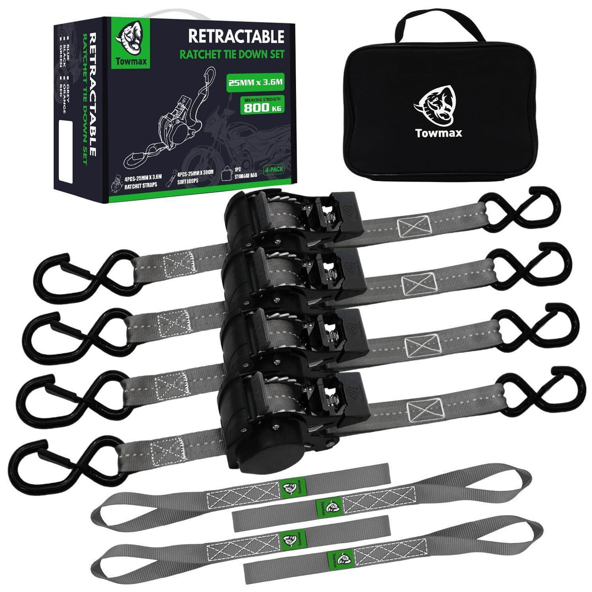 Automatischer Spanngurt-Set 3,6m mit S-Haken – 4er Pack