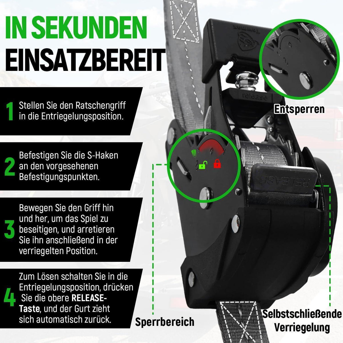 Automatischer Spanngurt-Set 3,6m mit S-Haken – 4er Pack