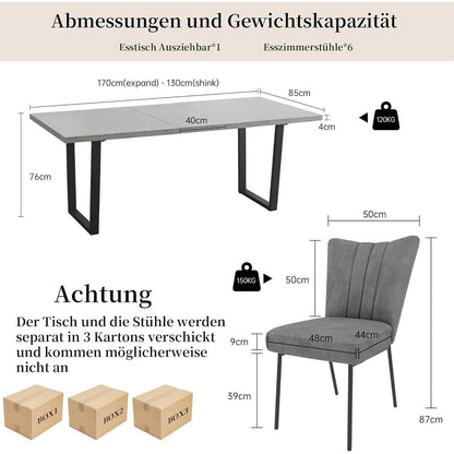 Ausziehbarer Esstisch Set mit 4-6 Grau Stühlen