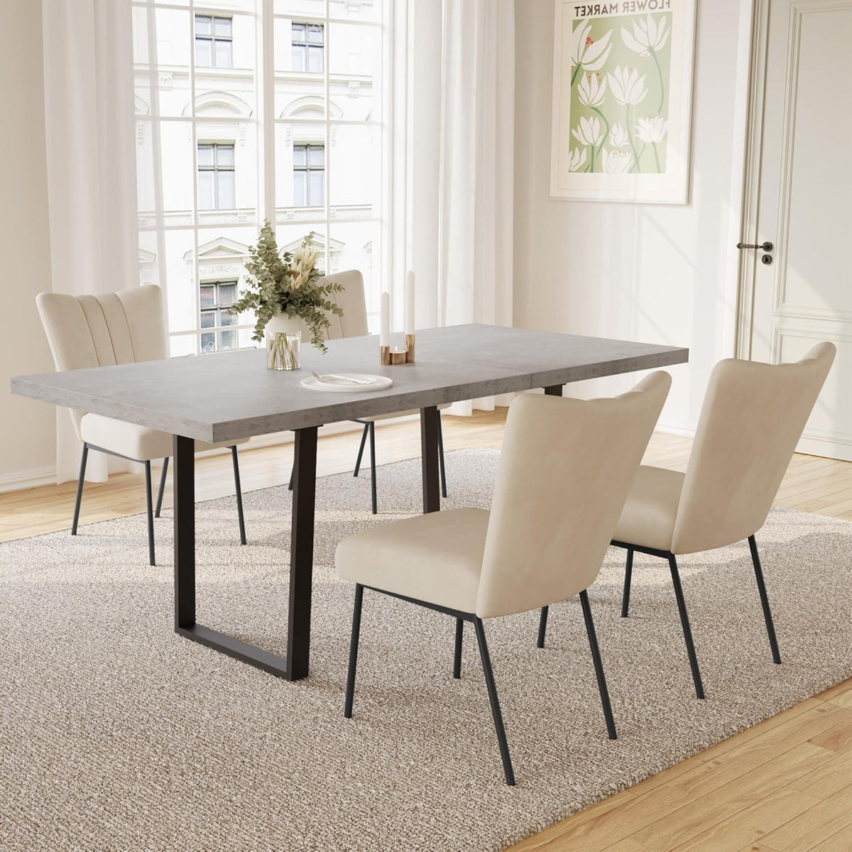 Ausziehbarer Esstisch mit 4 Beige Stühlen – Essgruppe für Wohnzimmer