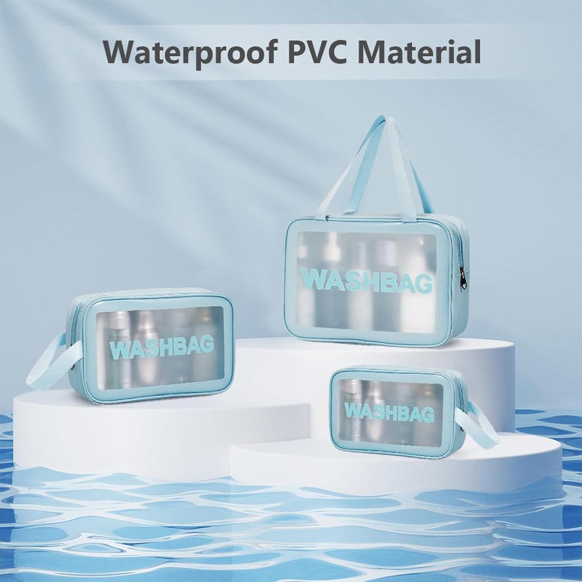 Transparente Kulturbeutel 3er Set, wasserdicht, Reise Organizer Blau