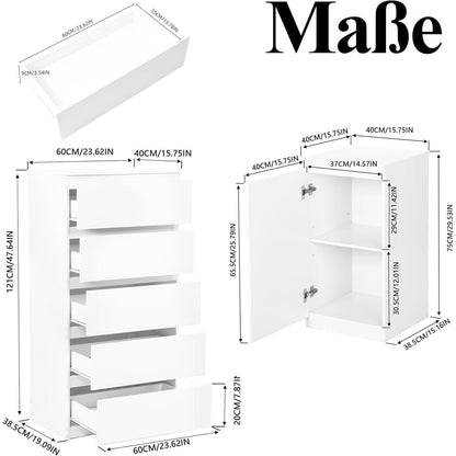 2er-Set Kommoden Weiß mit 0 & 5 Schubladen – Schlafzimmer & Büro