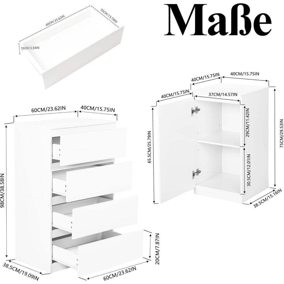2er-Set Kommoden Weiß mit 0 & 4 Schubladen – Schlafzimmer & Büro