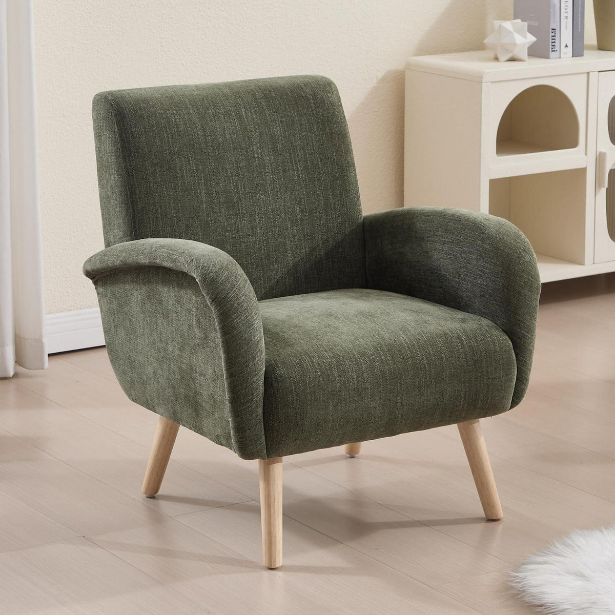 Chenille Loungesessel mit Holzbeinen – Grün