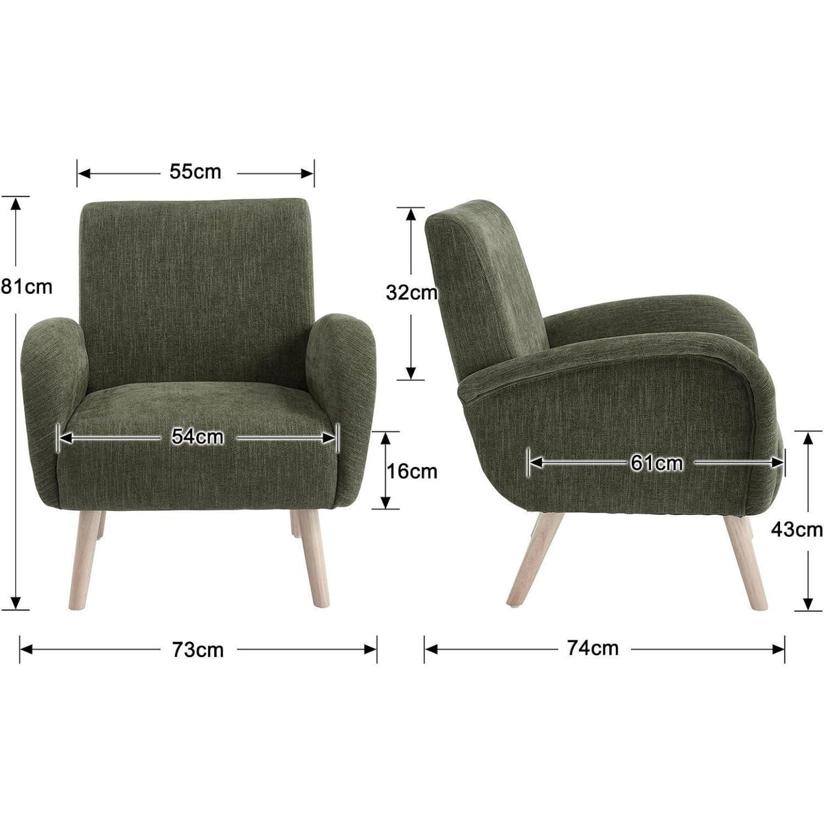 Chenille Loungesessel mit Holzbeinen – Grün