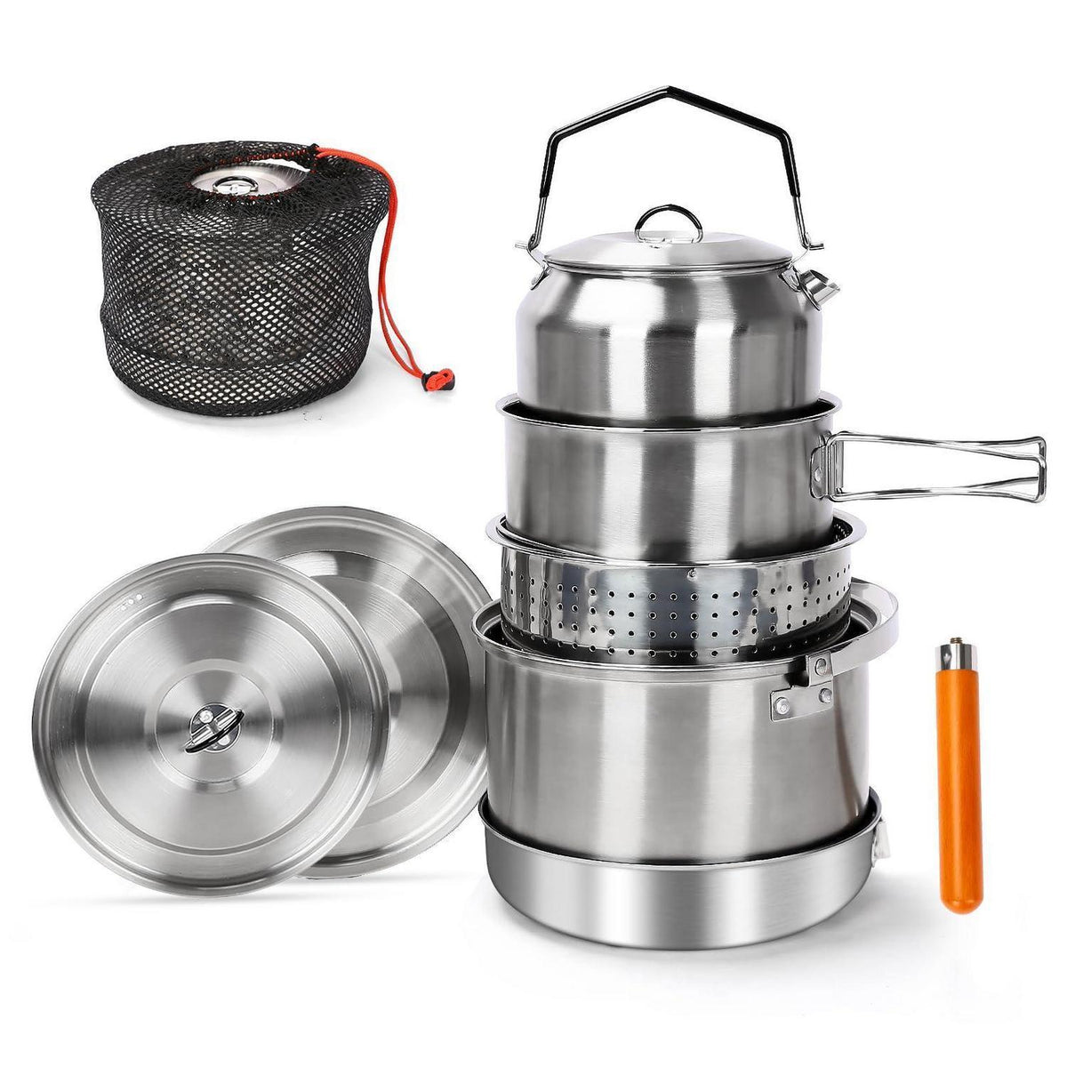 Camping Kochset Edelstahl 5-teilig – Topf, Pfanne & Zubehör