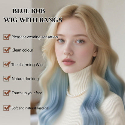 Lange gewellte Blonde Perücke mit blauen Strähnen – natürlich & verstellbar