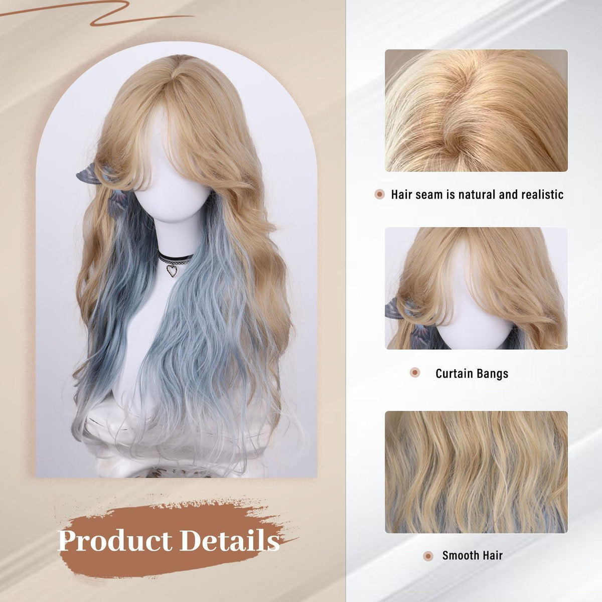 Lange gewellte Blonde Perücke mit blauen Strähnen – natürlich & verstellbar