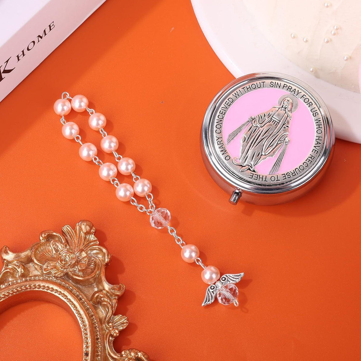 Rosenkranz Taufgeschenk mit Gedenkbox & Engelsflügel-Armband Rosa