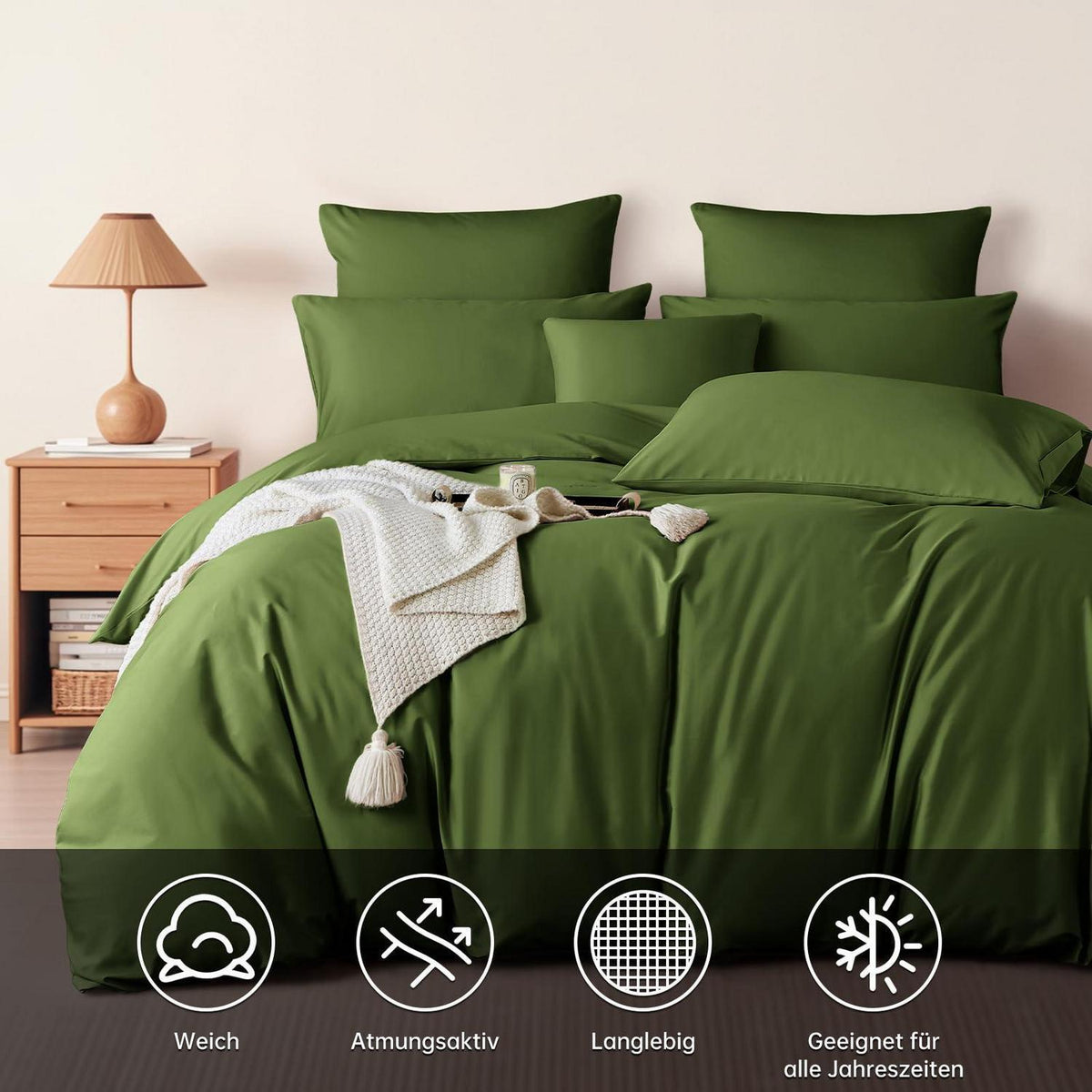 Olivgrüne Bettwäsche Set 200x200 cm Mako Satin Baumwolle