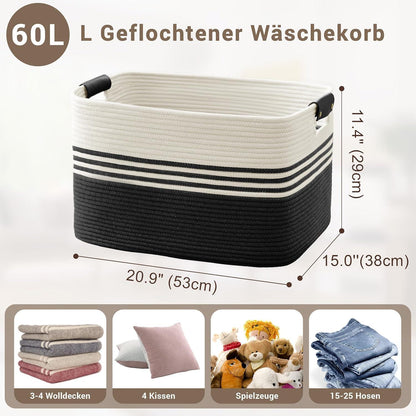 Geflochtener Wäschekorb Baumwolle 60L mit Henkeln in Lederoptik