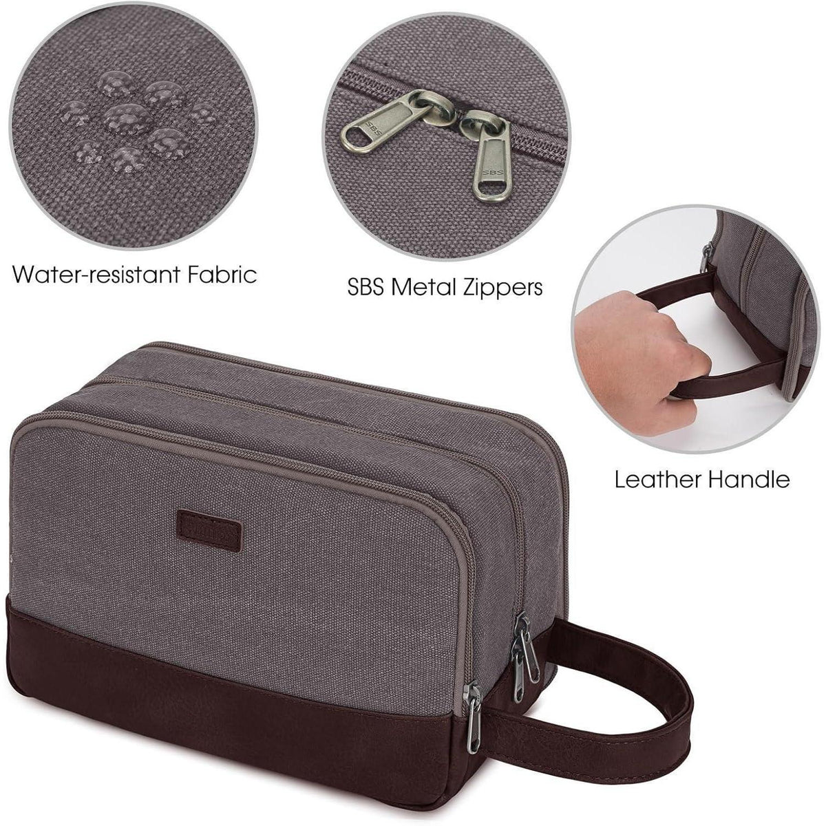 Kulturtasche Herren aus Canvas in Lederoptik, wasserabweisend, Taupe